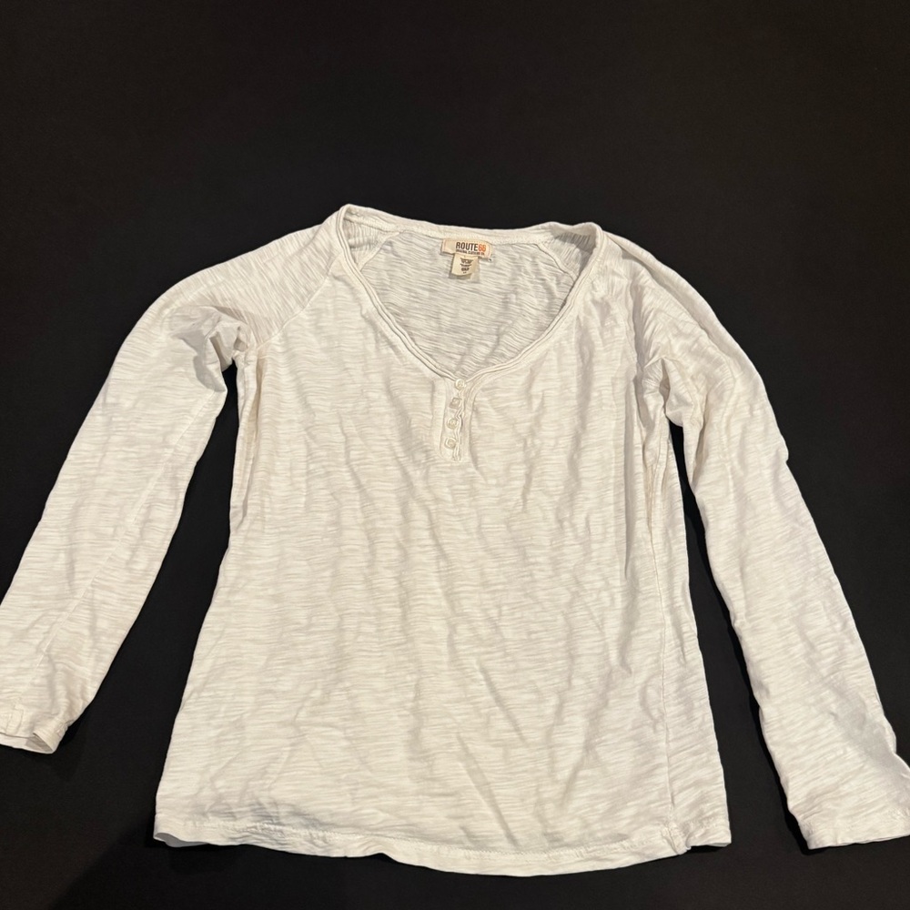 Route 66 White Slub Henley Shirt Small Long Sleeve Cotton Casual Top